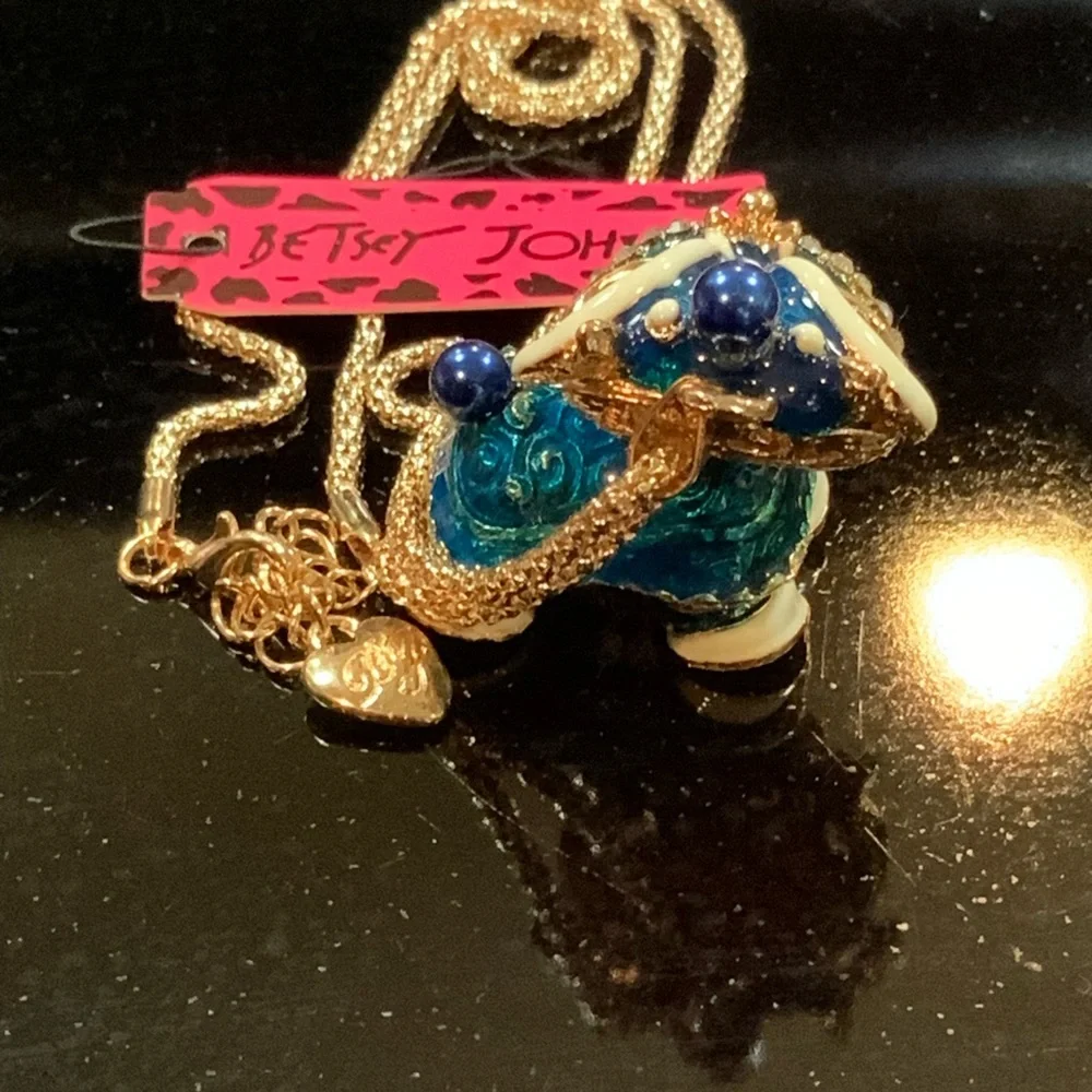 Betsey Johnson Necklace Foo Dog Blue Rhinestones Gold Tone #N551
